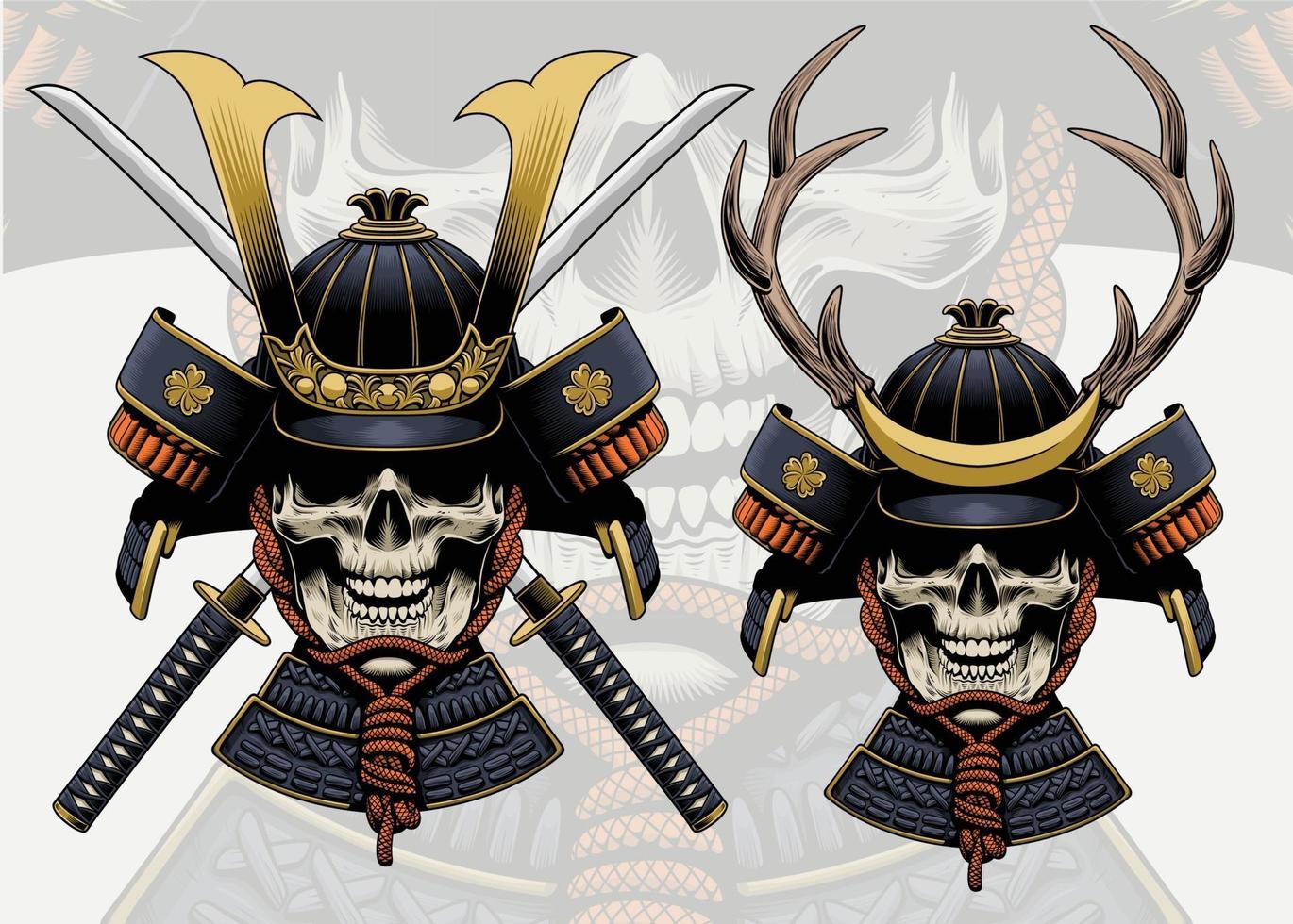 Ilustración de samurai de cráneo con casco de cuernos de venado vector