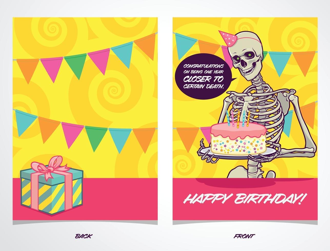 Birthday Card with skeleton telling a dark joke vector