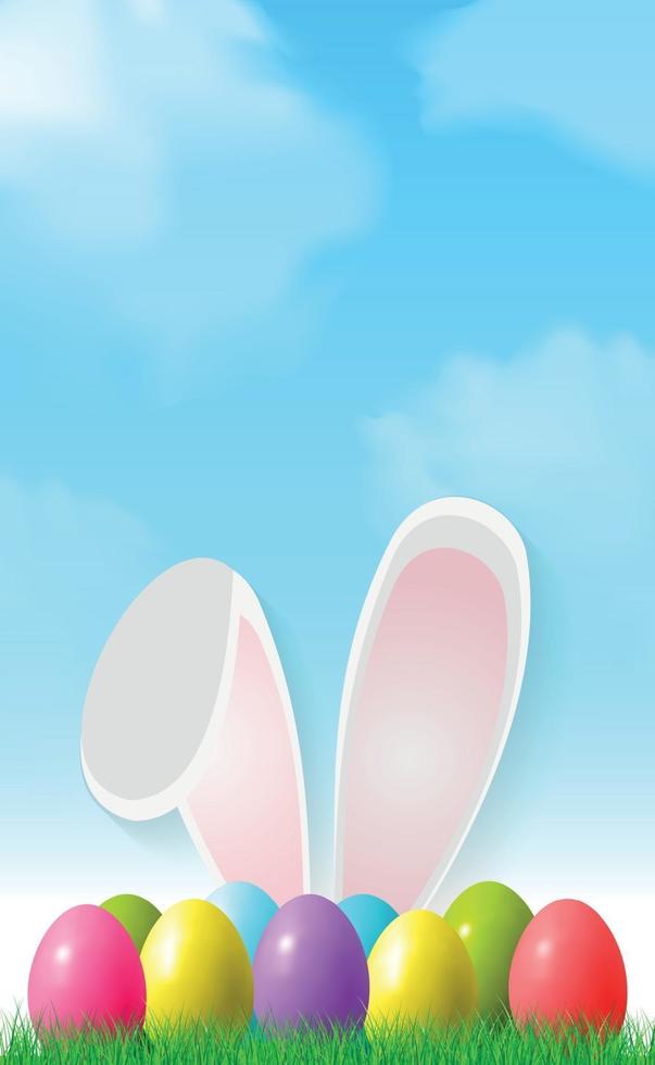 Easter background with colorful eggs lying on the grass, bunny ears - Vector illustration