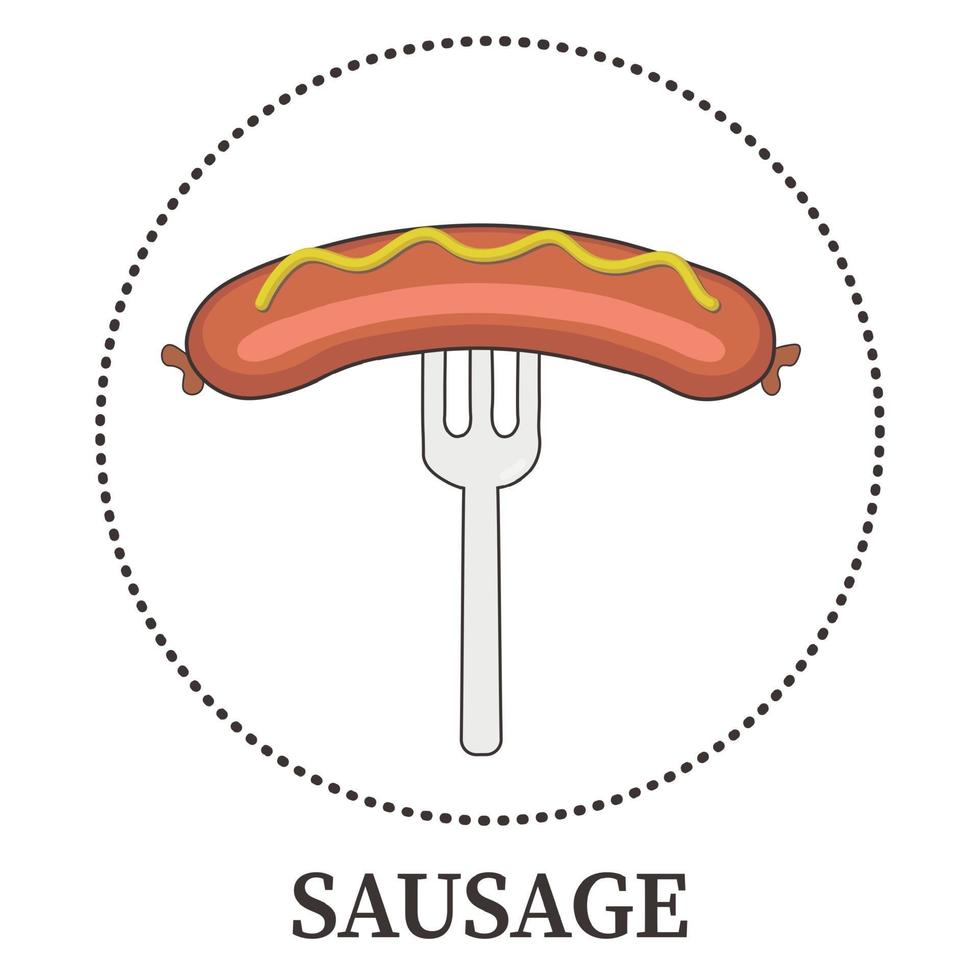 Sausage with ketchup and mustard on a fork on a white background - Vector