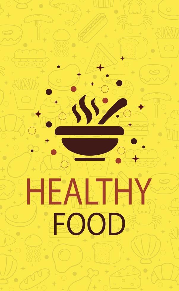 Abstract yellow background with healthy food elements and logo - Vector