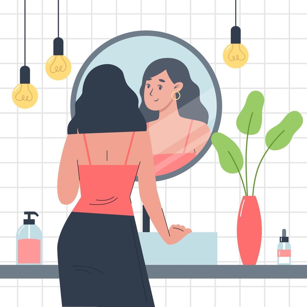 cuidado personal diario, rutina diaria del cuidado de la piel, la niña se para frente a un espejo en el baño y se mira a sí misma en el reflejo vector