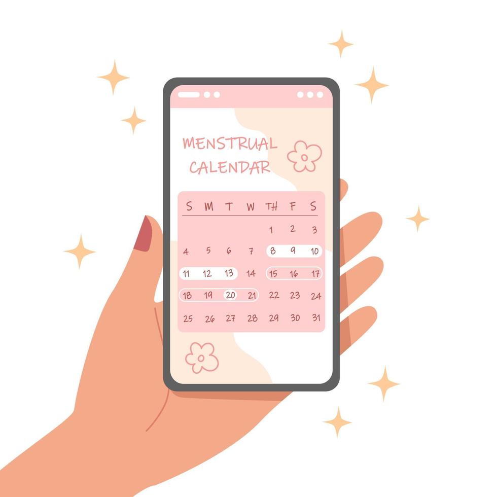 smartphone con calendario de ciclo menstrual en pantalla vector