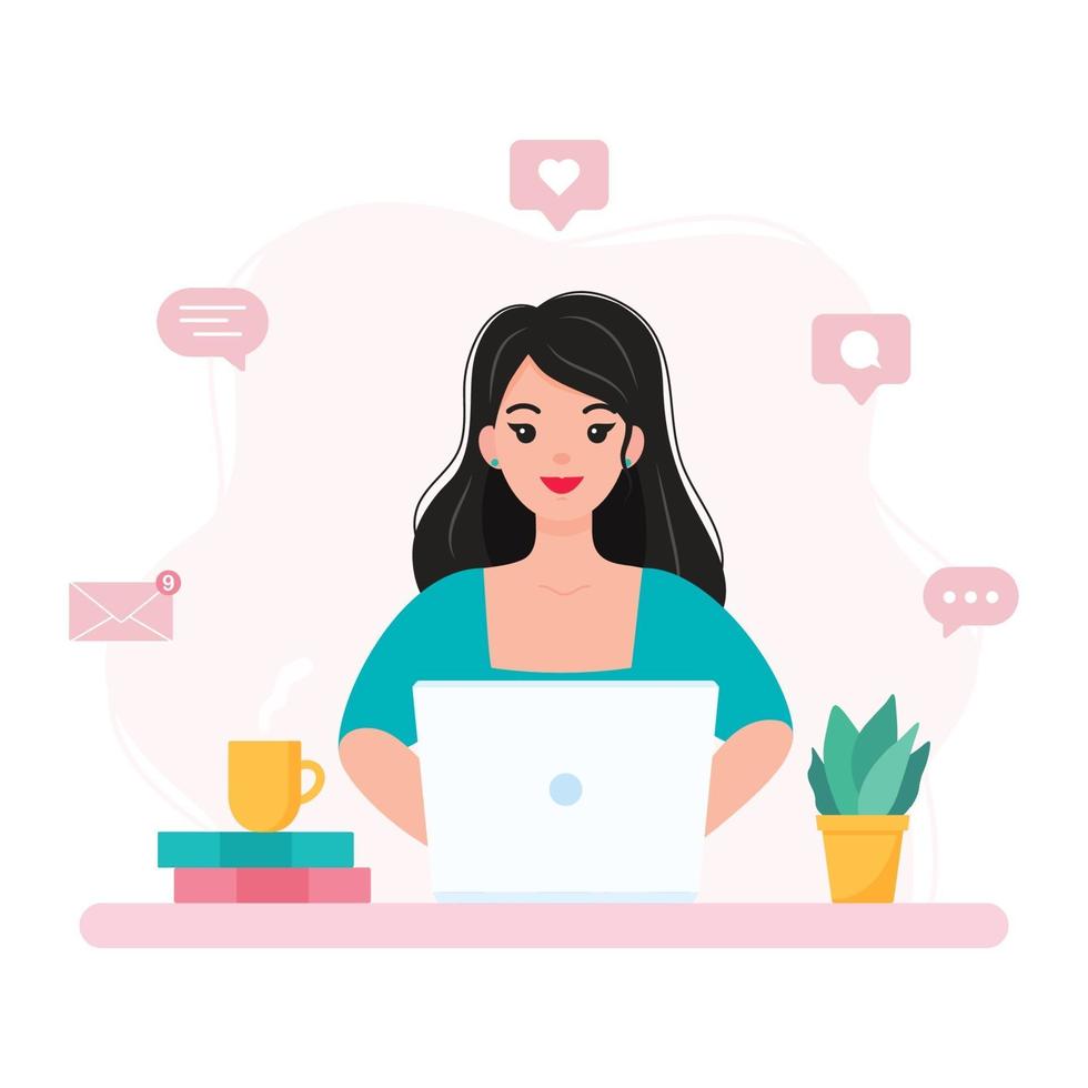 Young Woman Working from Home, Student or Freelancer Illustration. vector