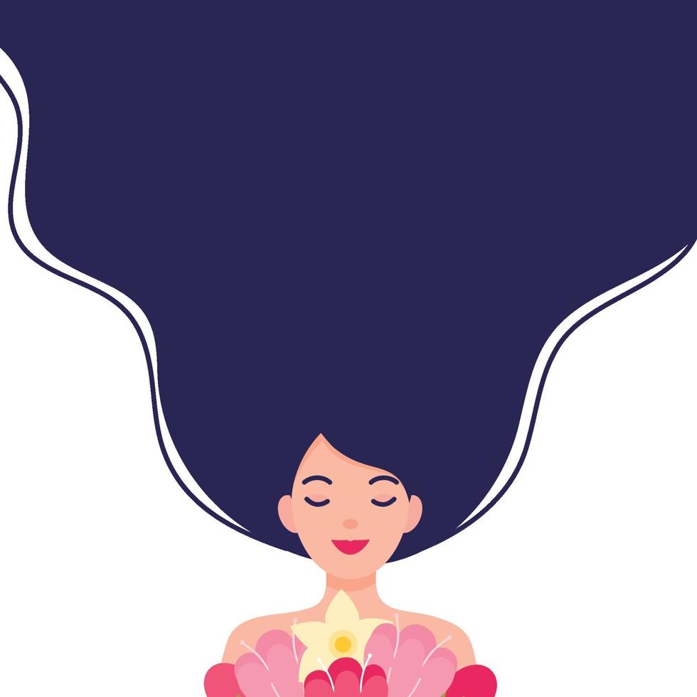 Young Woman Holding Flowers Flat Vector illustration.