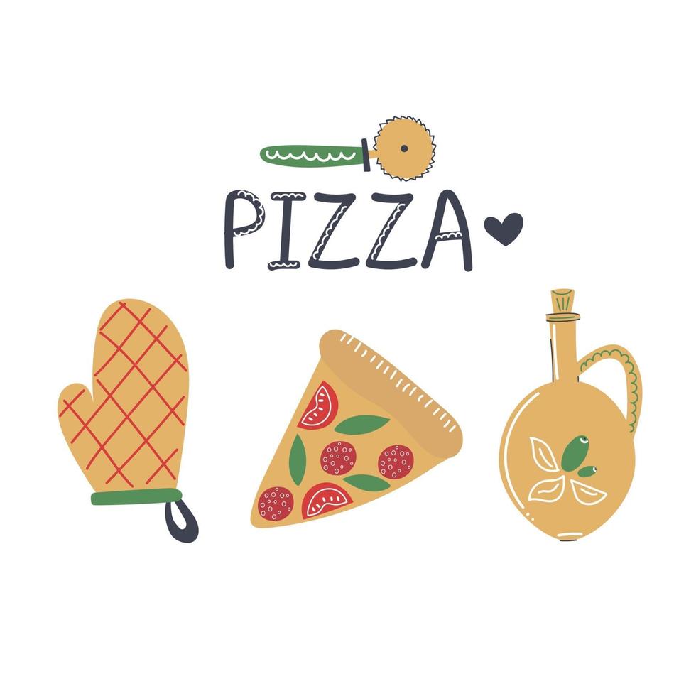 Hand drawn set of pizza elements. Tasty food concept. pizza knife, pizza slice, oven mitt, bottle of olive oil. Modern flat illustration. vector