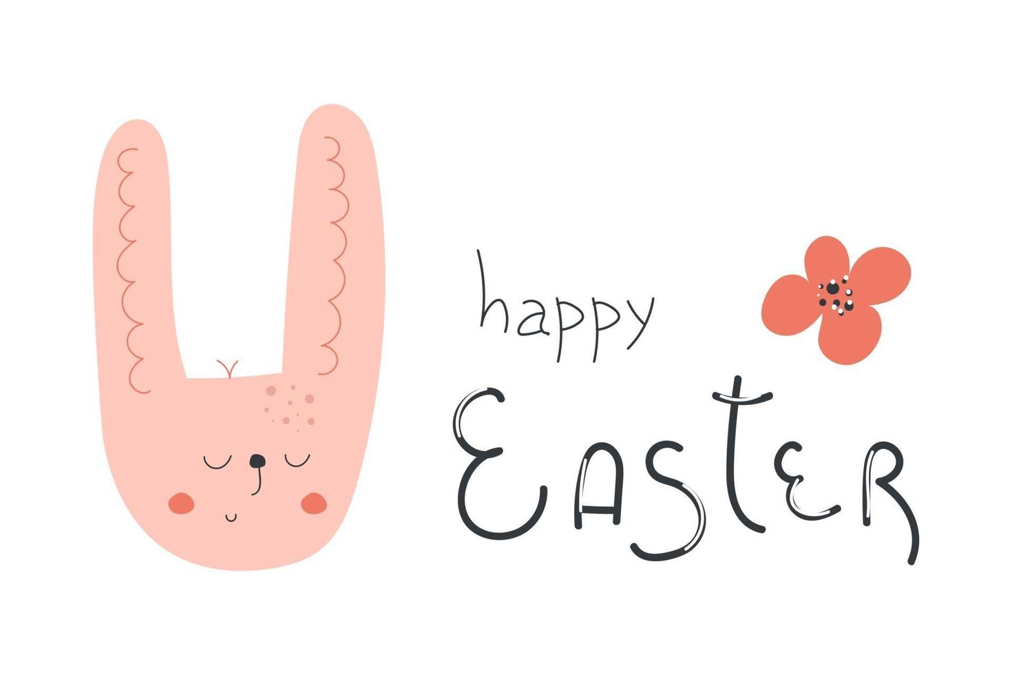Dibujado a mano linda cabeza de conejito, flor y con texto felices pascuas. concepto de tarjeta de felicitación. vector