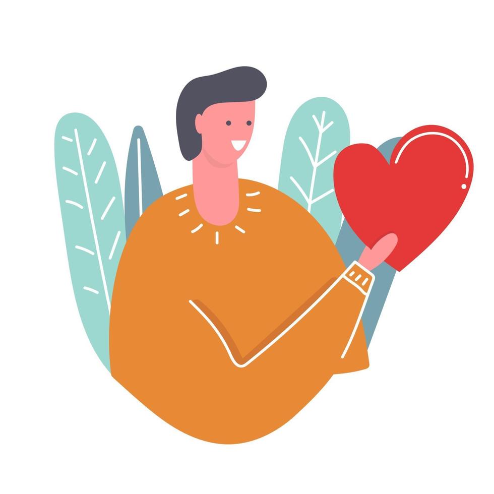 Hand drawn man with big heart in his hand and leaves on background. Valentines day, love concept. vector