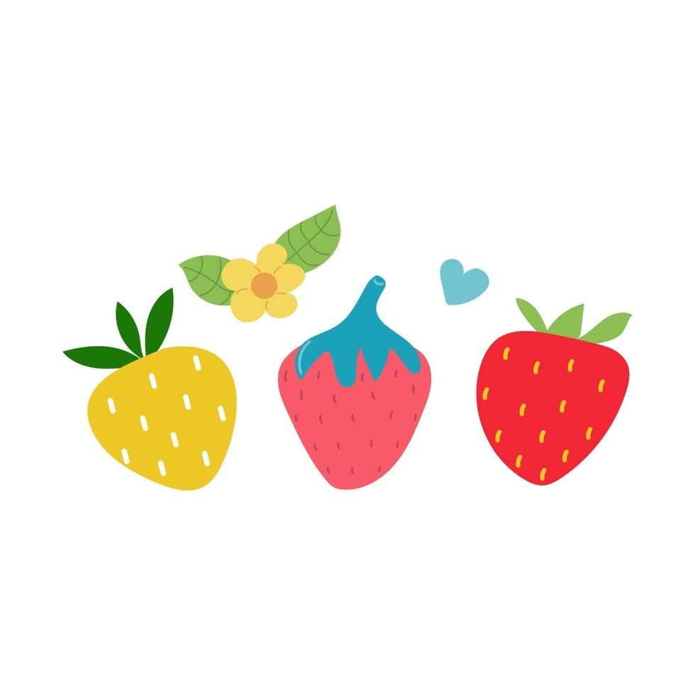 Hand drawn set of cute color strawberry. vector