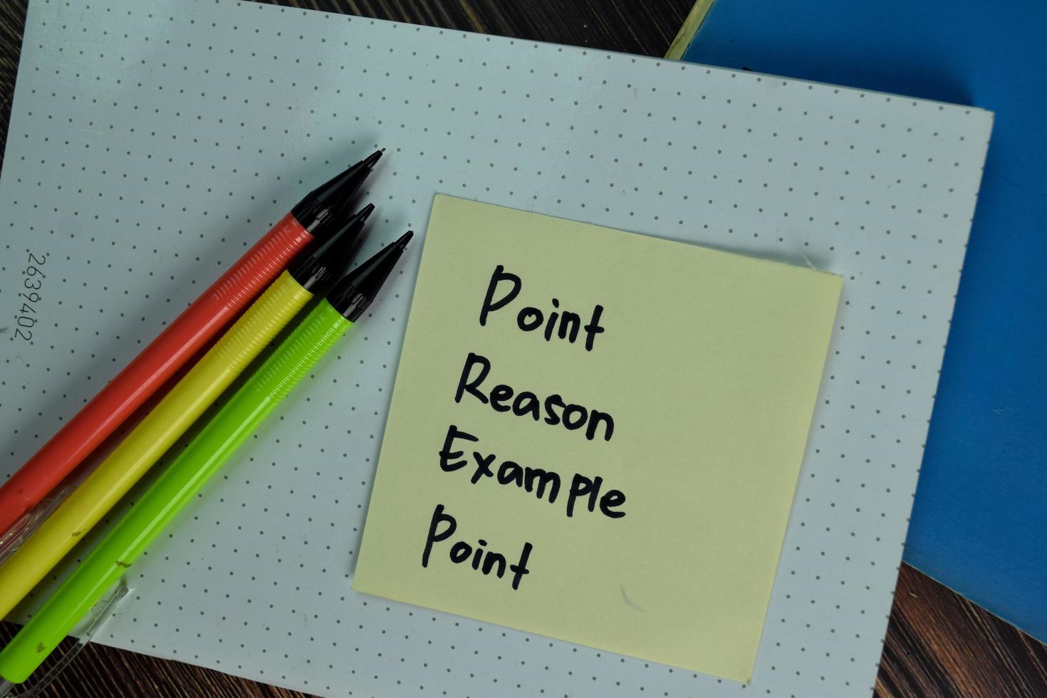 Point Reason Example Point written on sticky note isolated on wooden table photo