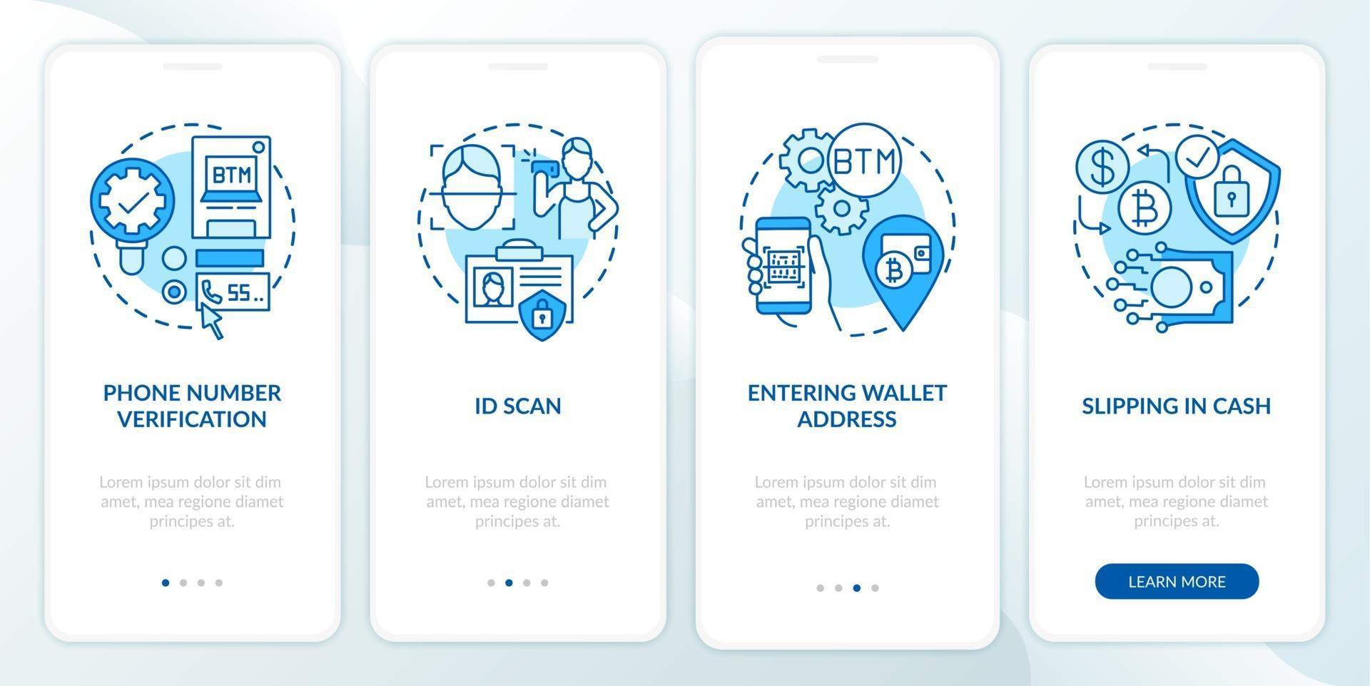 Bitcoin ATM verification steps onboarding mobile app page screen with concepts vector
