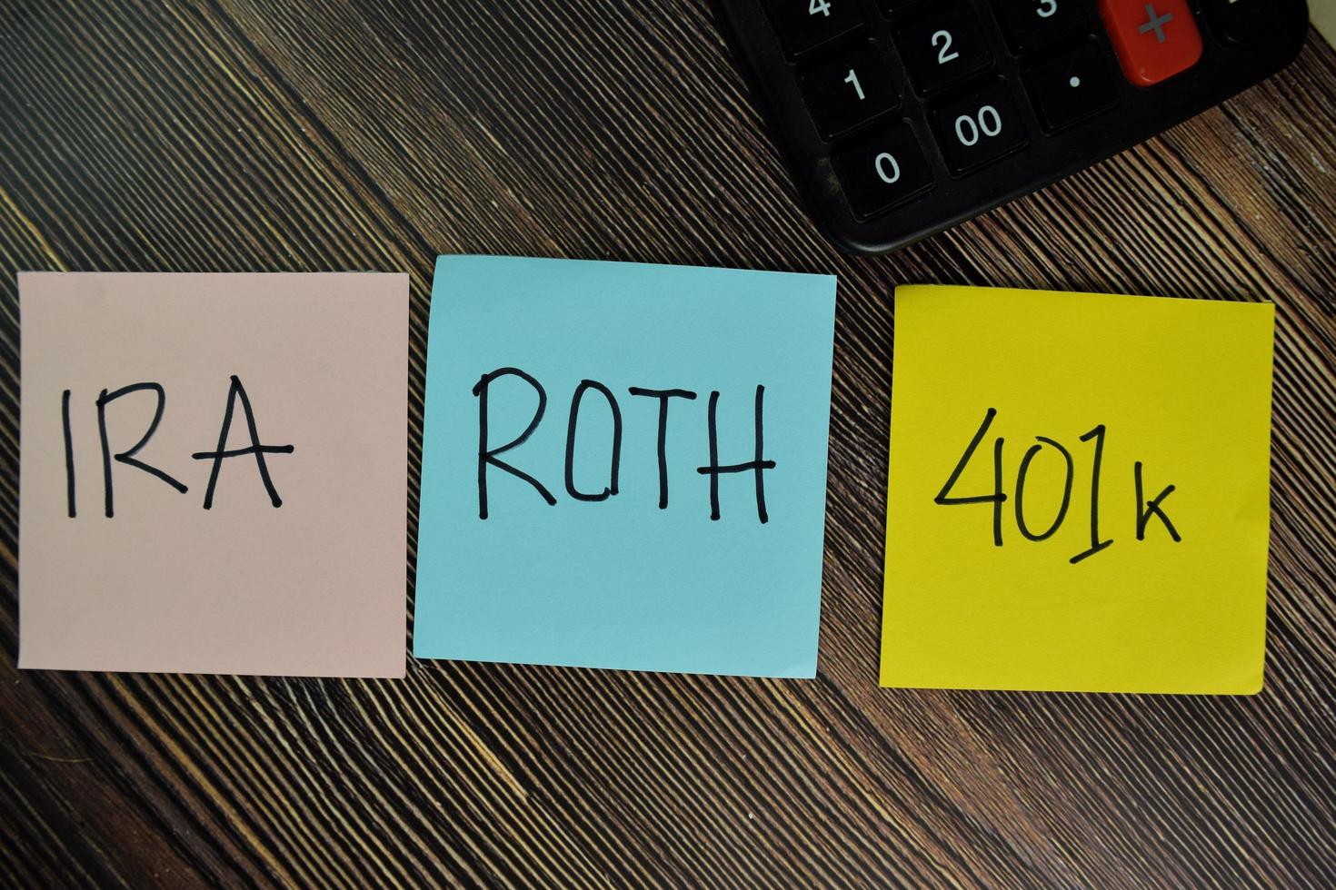 IRA, ROTH, 401k written on sticky note isolated on wooden table photo