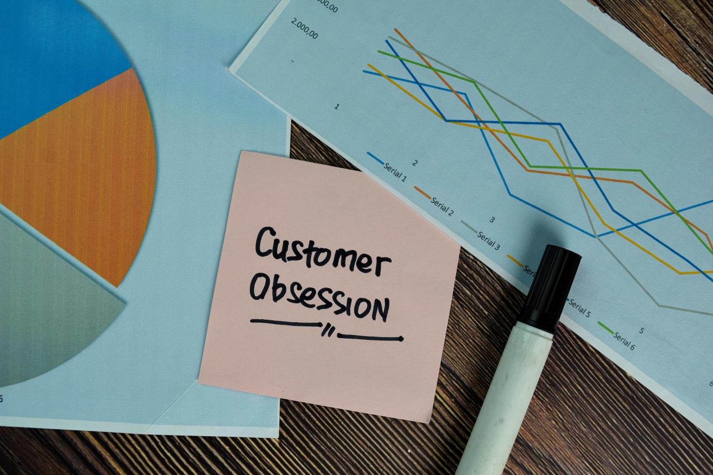 Customer Obsession written on sticky note isolated on wooden table photo