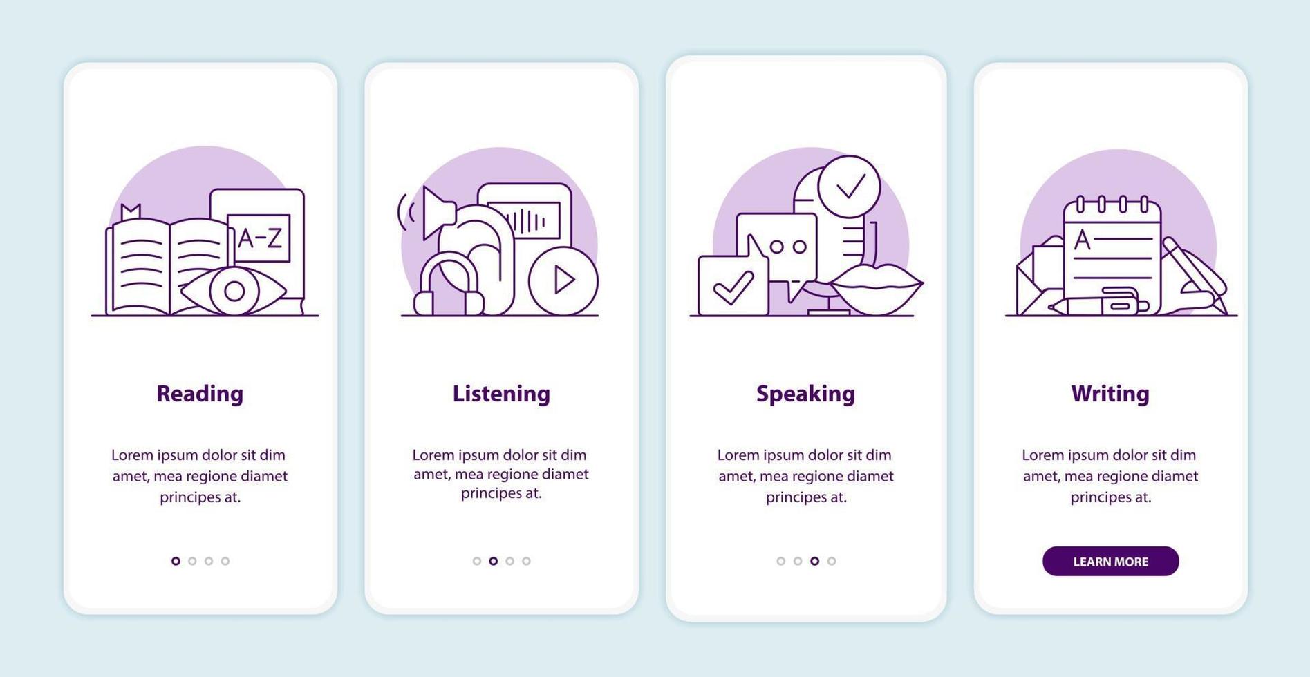 Language exam onboarding app screen pages vector