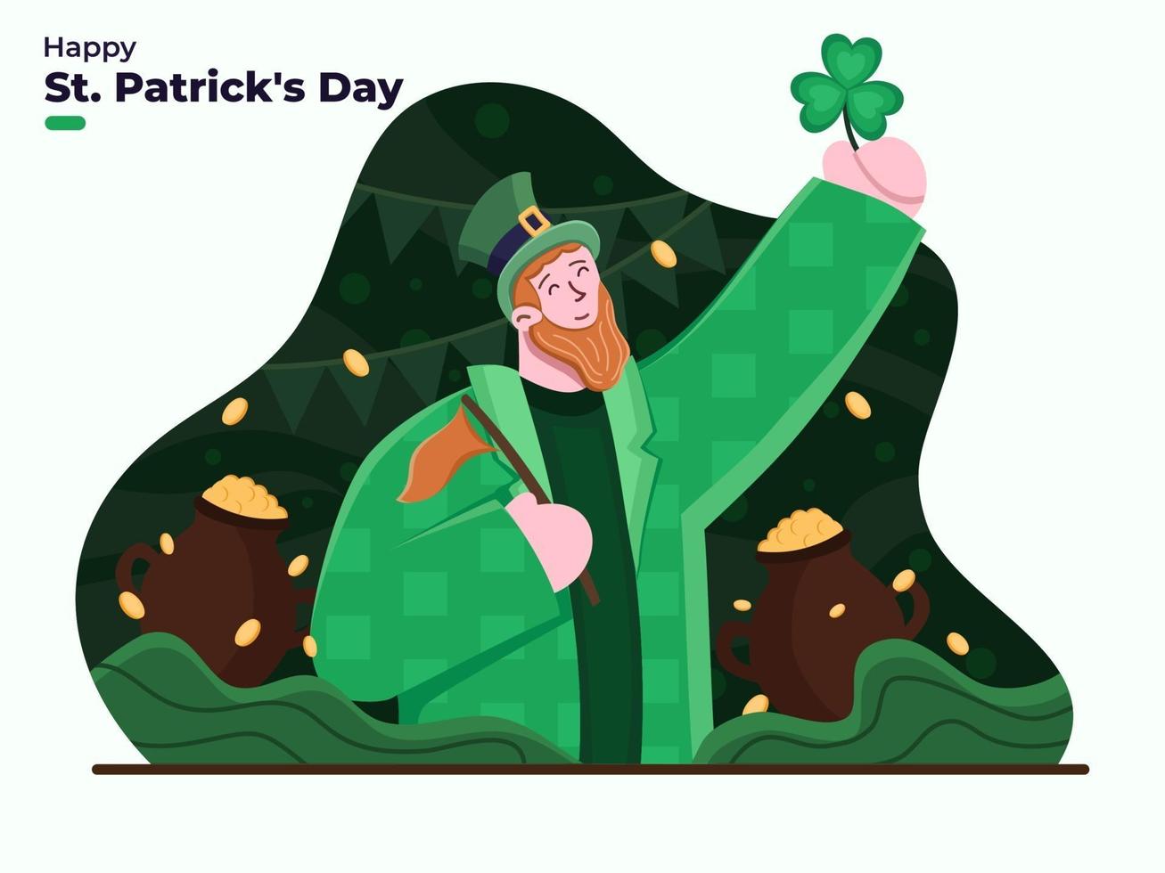 Ilustración plana del día de San Patricio 17 de marzo. día de la fiesta de patrick. Feliz día de San Patricio con hoja de trébol con persona vestida con traje de duende con monedas de oro en el fondo de macetas. vector