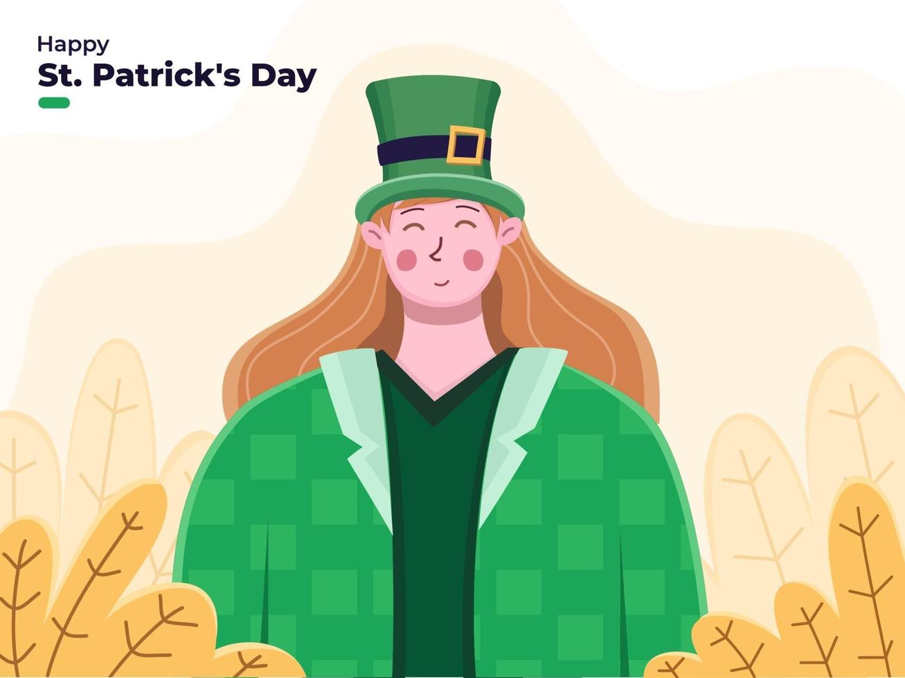 Ilustración del día de San Patricio con una mujer vestida con el traje de San Patricio con color verde. feliz celebración del día de san patricio. adecuado para tarjetas de felicitación, pancartas, invitaciones, carteles, web. vector