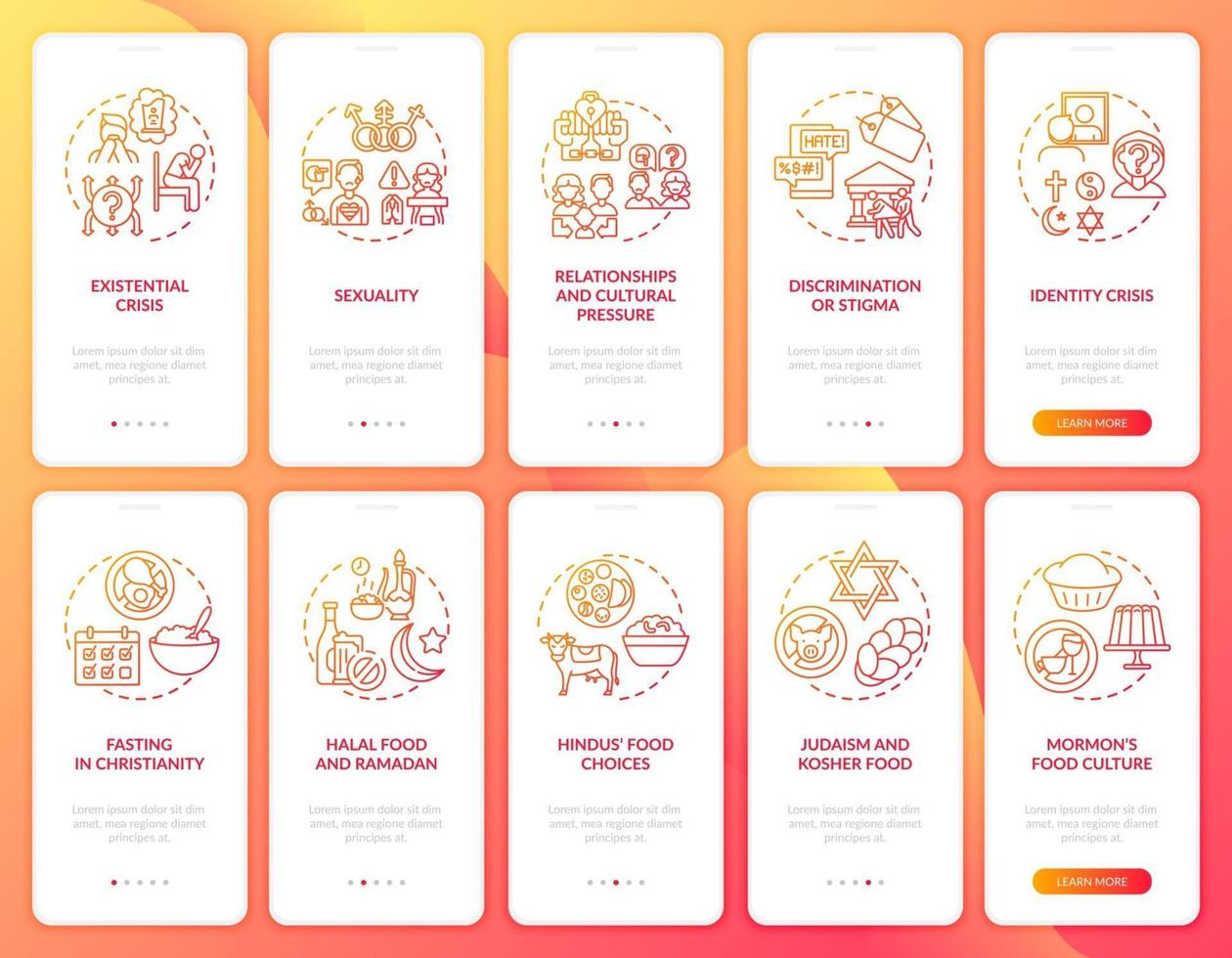 World religions red onboarding mobile app page screen with concepts set vector
