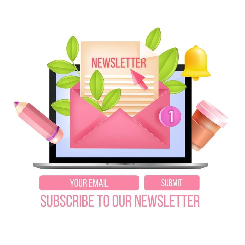 Newsletter subscription vector web form, popup template, laptop, envelope, letter, notification bell. Email internet marketing, website sign up design. Digital online mailbox, newsletter subscription