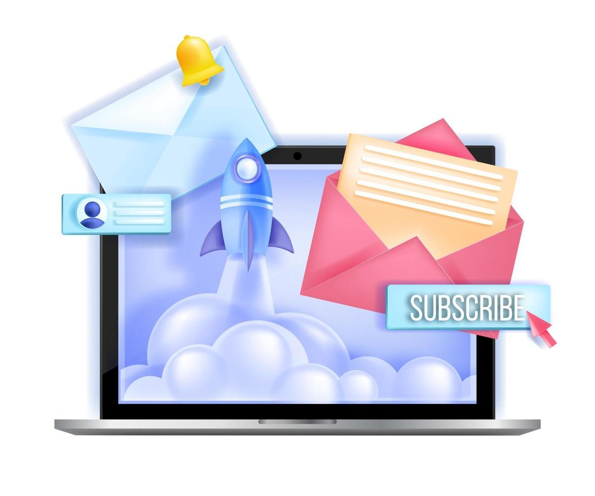 Subscribe newsletter online email marketing vector illustration, rocket launch, laptop screen. Internet communication, network concept, subscription button, letters. Subscribe newsletter business icon