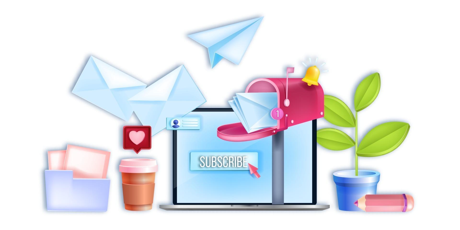 Vector email digital business, internet marketing banner, laptop screen, subscribe button,open mailbox. Social media web network, online communication concept. Email marketing, newsletter subscription