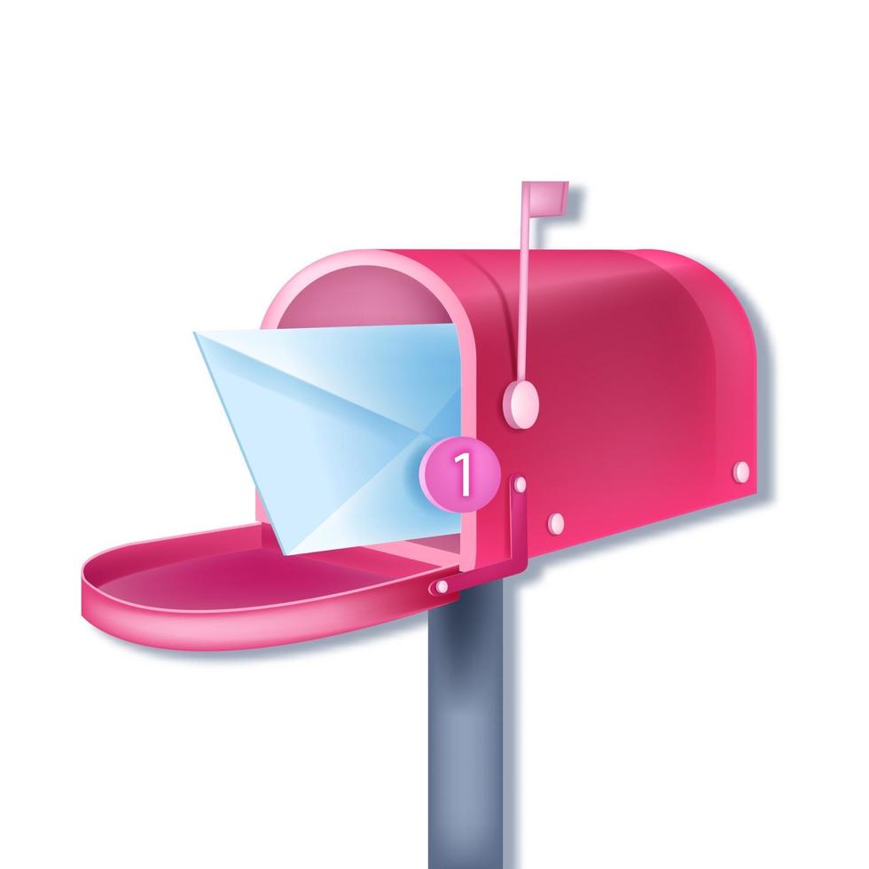 Vector de notificación por correo electrónico de buzón tradicional rosa, nuevo concepto de carta aislado en blanco, sobre cerrado. post entrega ilustración 3d, alerta, número uno. notificación de mensaje en el buzón de Internet