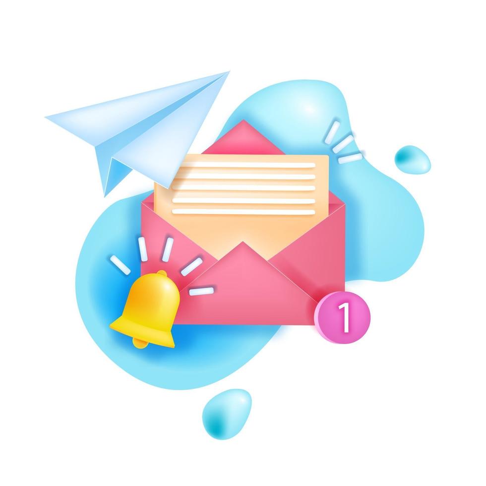 Vector new message notification, alert icon, sms notice, chat reminder, paper airplane, open envelope. Online email attention letter web concept, ringing doorbell,number one. Message notification logo