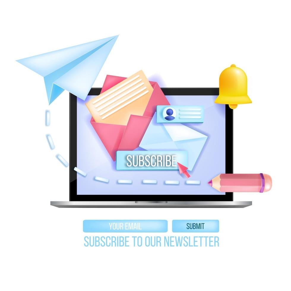 Subscribe to email newsletter vector 3D concept, laptop, paper airplane, notification bell icon. Mail internet marketing web template, open envelope, screen, button. Subscribe business newsletter