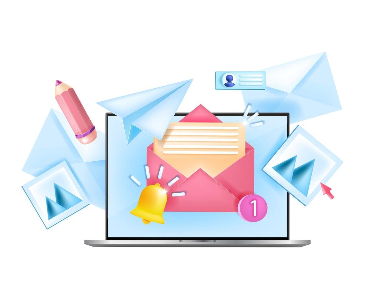 Subscribe to monthly newsletter vector internet business isolated concept, laptop, home workplace. Online marketing 3D illustration, notification bell, open envelopes. Subscribe newsletter web design