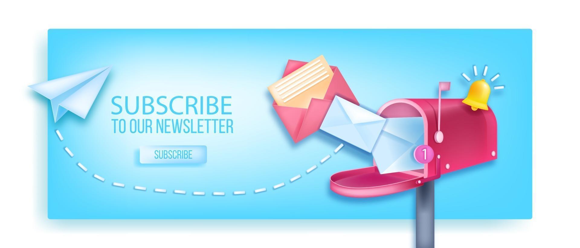 Subscribe to our newsletter vector 3D banner, open mailbox, paper airplane, notification bell, envelopes. Internet marketing, online business web page concept, button. Subscribe newsletter background