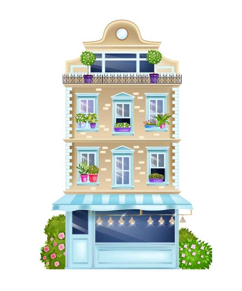 Vintage building facade, old Paris house front view illustration with classic windows, bushes, shop showcase. Old town architecture design element, cottage. House outdoors spring street facade vector