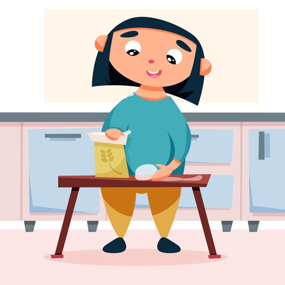 Girl prepares dough in the kitchen vector