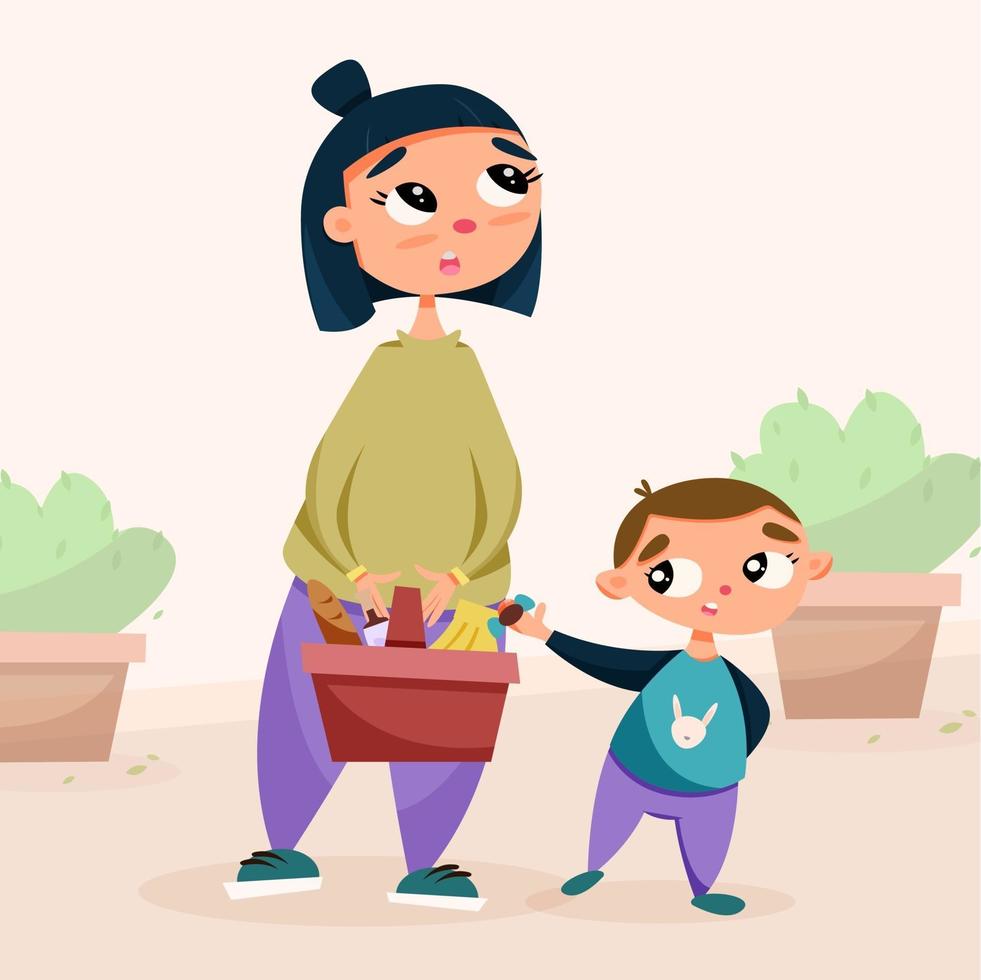 mamá e hijo con compras en la tienda. vector