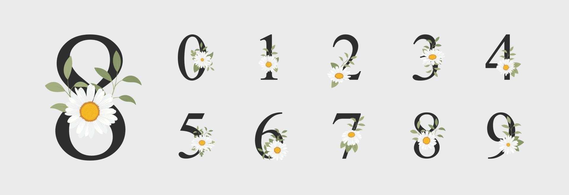 Hermosa decoración de números para bodas con flores. vector
