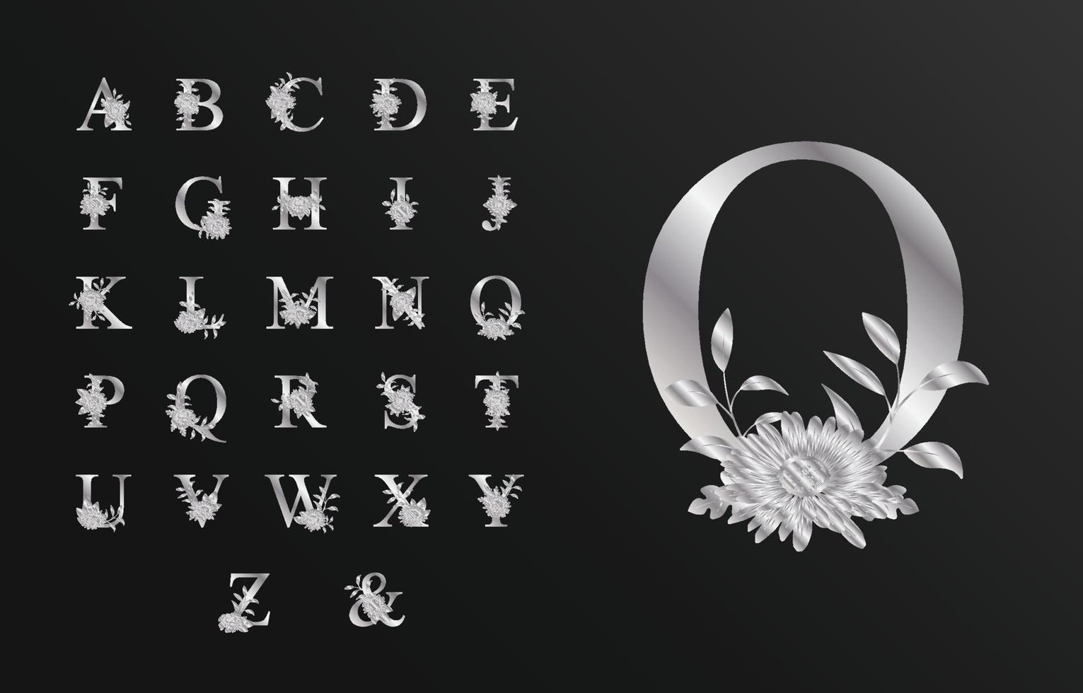hermoso alfabeto plateado para boda con flor vector