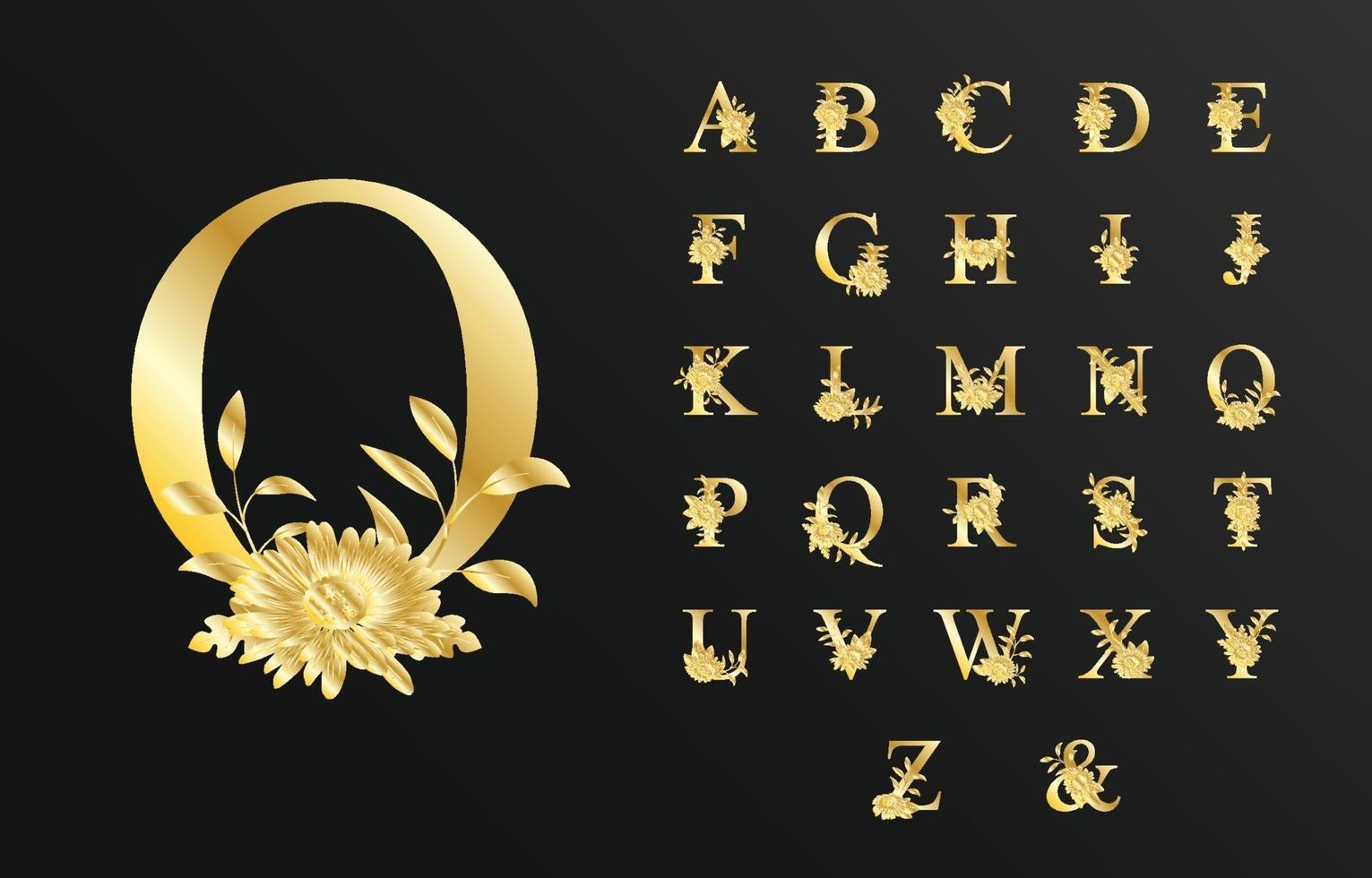 Gold luxury beautiful alphabet for wedding with flower vector