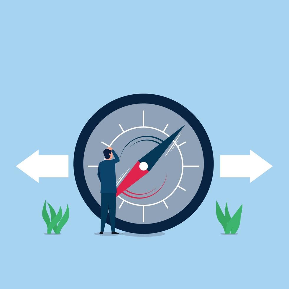 Business flat vector concept illustration. Businessman confused about compass direction.