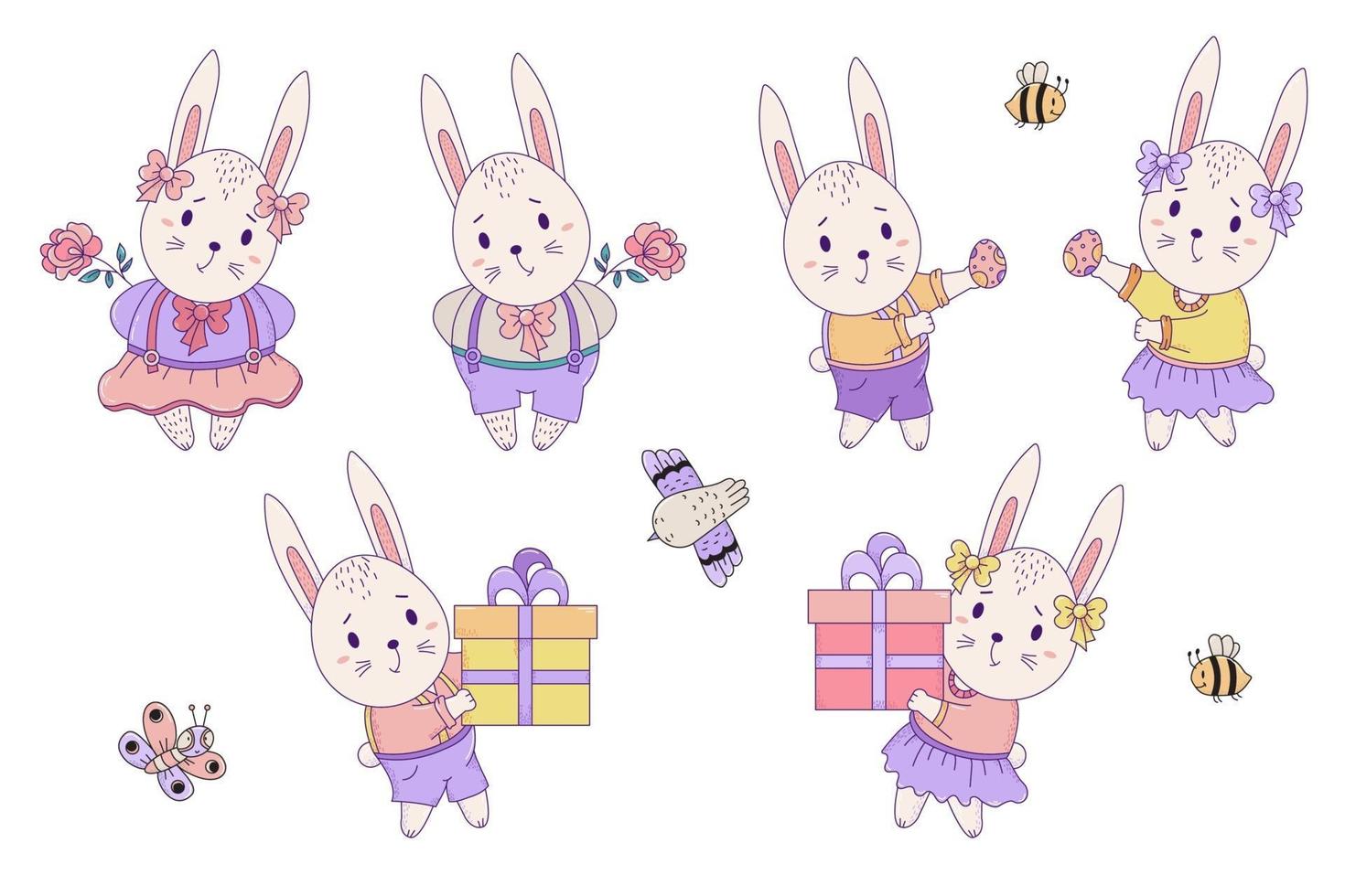 conjunto de animales lindos brillantes - conejito de Pascua e insectos. conejos: una niña y un niño con una gran caja de regalo, un huevo de Pascua y una flor. ilustración vectorial. aislado. para el diseño felices pascuas vector