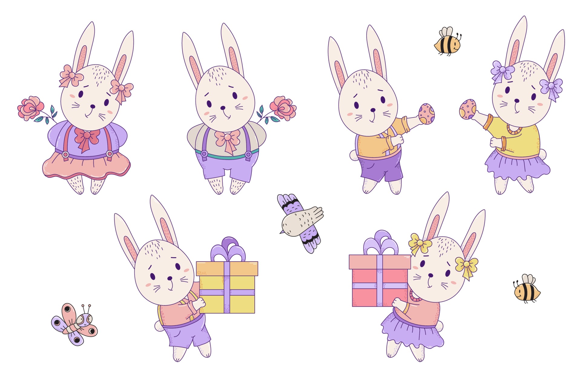 Set of bright cute animals - Easter bunny and insects. Rabbits - a girl and  a boy with a large gift box, an Easter egg and a flower. Vector  illustration. Isolated. For
