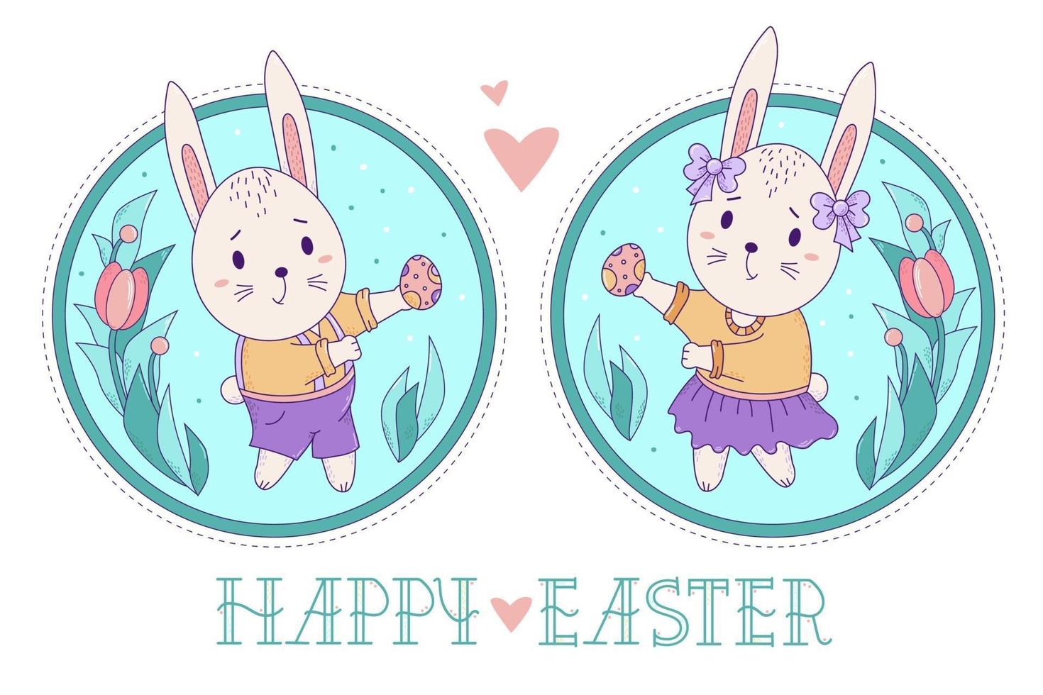 A pair of cute rabbits. Easter bunny girl with bows and in a skirt and a boy in shorts with Easter eggs on a decorative round background with a bouquet of flowers. Vector. Happy Easter greeting card vector