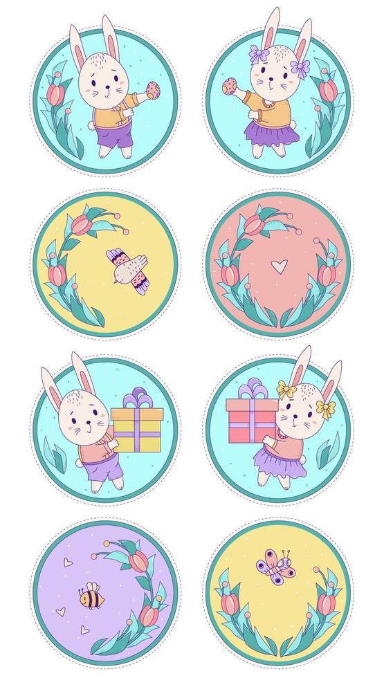 Set of cute animals and insects. Rabbits - boy and girl with Easter eggs and gifts, butterfly and bird on a round floral background. Vector illustration. Happy Easter and Happy Birthday greeting card