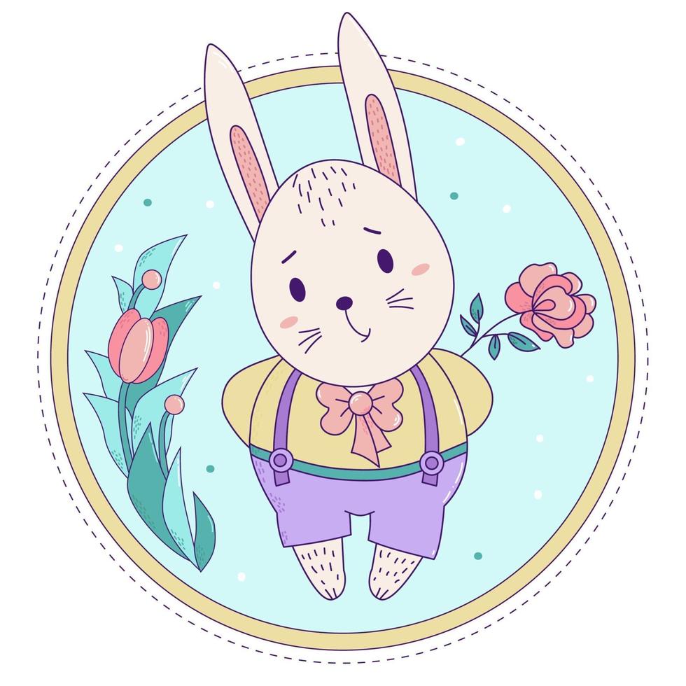 lindo conejo. conejito de pascua en pantalones con tirantes con una rosa sobre un fondo floral decorativo. vector. para tarjetas de felicitación con pascua y cumpleaños, diseño y decoración, impresión y decoración vector