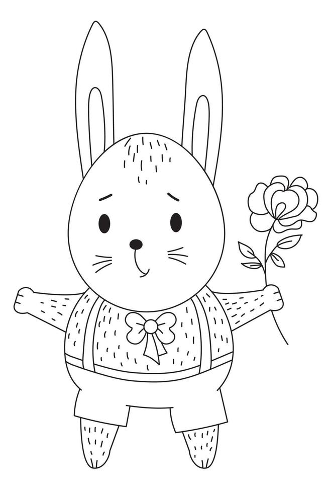 Easter Bunny. Cute rabbit boy with a rose flower in his paw. Vector. Black line, outline vector