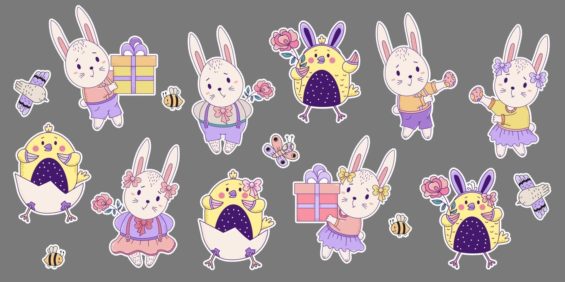 Set of colored stickers of cute animals and insects. Easter Bunnies and Chickens - a girl and a boy with a large gift box and a flower, bird, bees and butterflie. Vector. For design Happy Easter vector