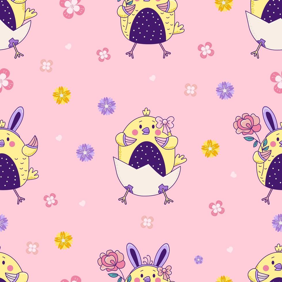 Seamless pattern with cute animals. Easter Chickens - boy and girl with rabbit ears and a flower sit in an egg on a pink floral background. Vector. For design, decora, print, packaging and wallpaper vector