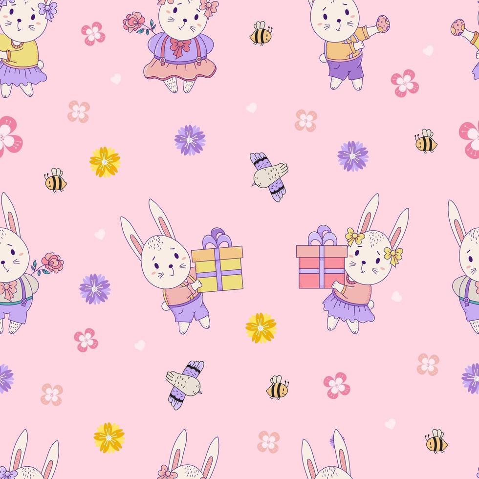 Seamless patterns with cute animals. Easter bunnies - boy and girl with gifts and Easter eggs on a pink background with flowers and birds. Vector. For design, decora, printing, packaging and wallpaper vector