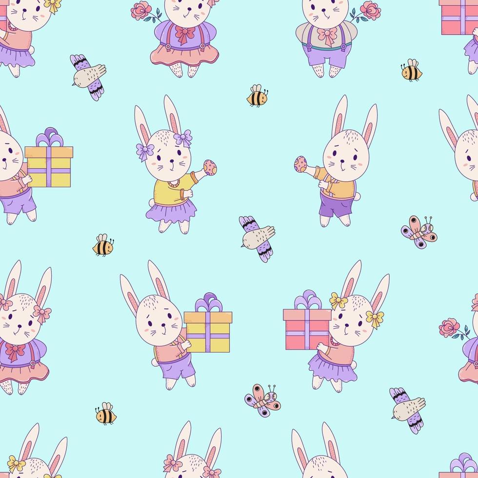 Seamless patterns with cute animals. Easter hares - boy and girl with gifts and Easter eggs on a blue background with insect and birds. Vector. For design, decora, printing, packaging and wallpaper vector