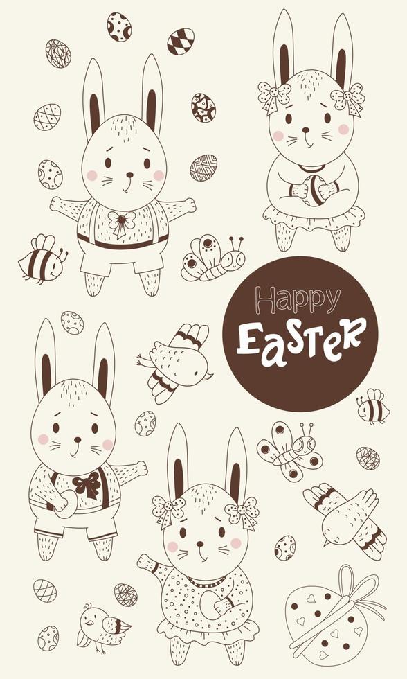 establecer pascua bosquejada. lindos conejitos de niñas y niños con huevos de pascua en sus patas, pájaros y mariposas y abejas. vector. línea negra, contorno. lindos dibujos decorativos para felices pascuas vector