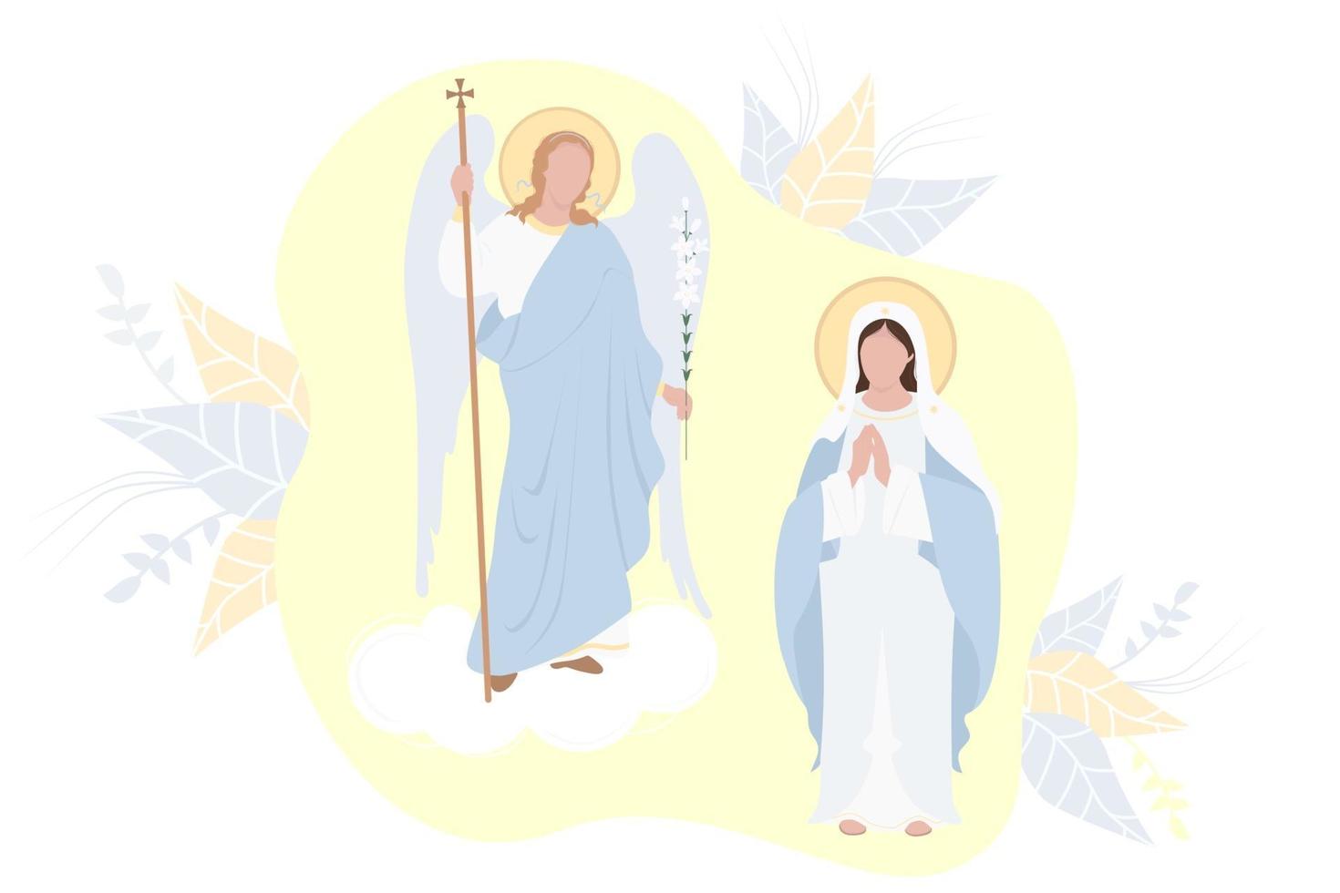 Annunciation of the Most Holy Theotokos. Virgin Mary, Mother of Christ in a blue maforia and Archangel Gabriel with a lily on a yellow background. Religious Catholic and Orthodox holiday. Vector