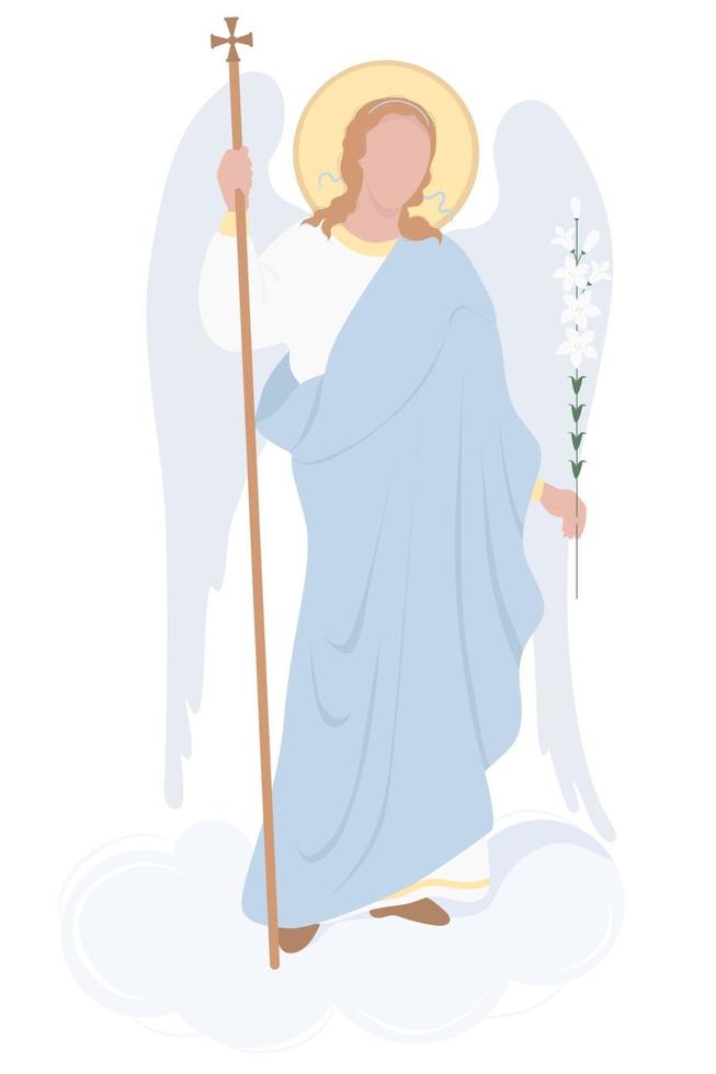 Archangel Gabriel on a cloud with a white lily - Celestial messenger. Vector. Religion - Catholicism and Orthodoxy . Angel of Revelation, Saint Gabriel the Archangels festival day and Annunciation vector