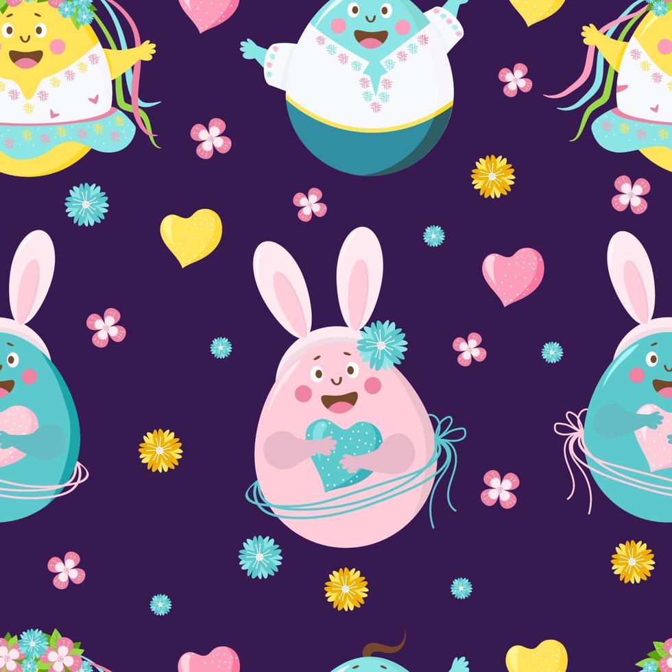 Happy Easter seamless pattern. Funny Easter eggs - girls and boys with faces, emotions and hands, with bunny ears on a purple background with flowers. Vector. For design, decoration, print, wallpaper vector